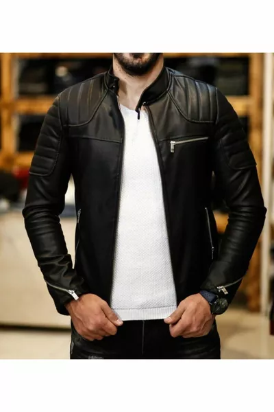 Homme Manteau en cuir noir Veste épaule rayé Modèle Nouvelle saison