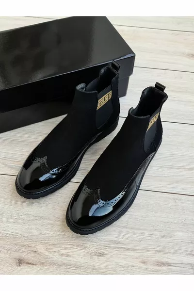 أسود لامع نموذج إيطالي للرجال أحذية تشيلسي الكاحل