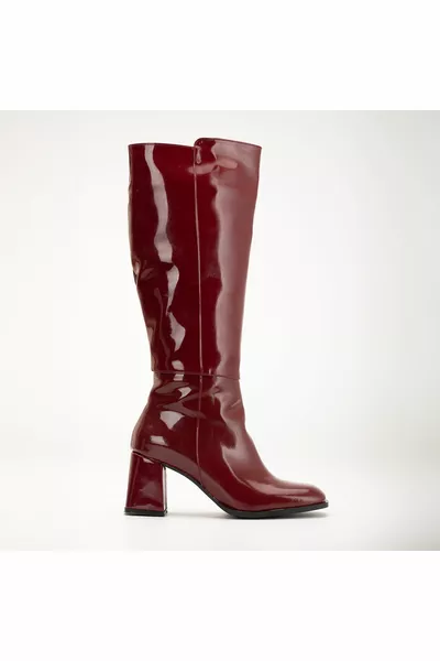 Ünal Özer نسائي بورجوندي جلد لامع بكعب متوسط بكعب متوسط أحذية كلاسيكية تحت الركبة 