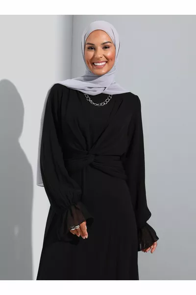 Abito da sera hijab in chiffon con nodo dettagliato - Nero -
