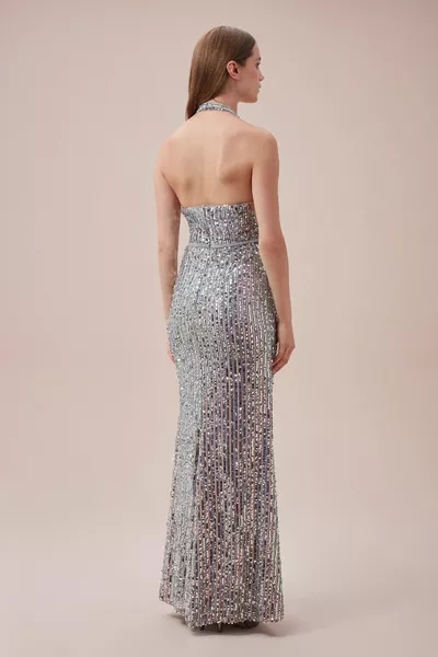 Neck-Tied Silver Sequin Embroidered Evening Dress