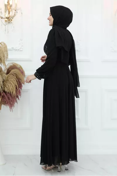 SCHWARZES ABENDKLEID MIT GÜRTEL UND STEINDETAILS FÜR DAMEN T 