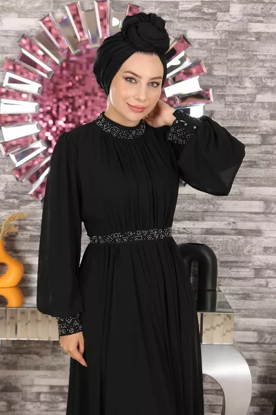 Stone Detailed Chiffon Evening Dress Black 