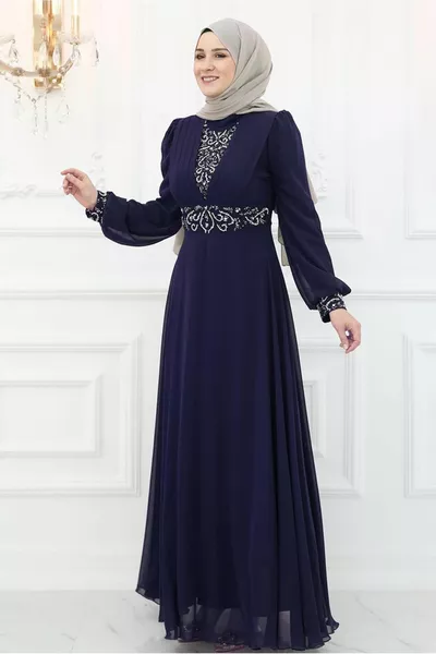 ABITO DA SERA DONNA RICAMATO IN PIETRA BLU NAVY T 