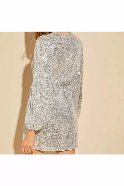Ballonärmel Silberfarbe Mini Pailletten Pailletten Kleid