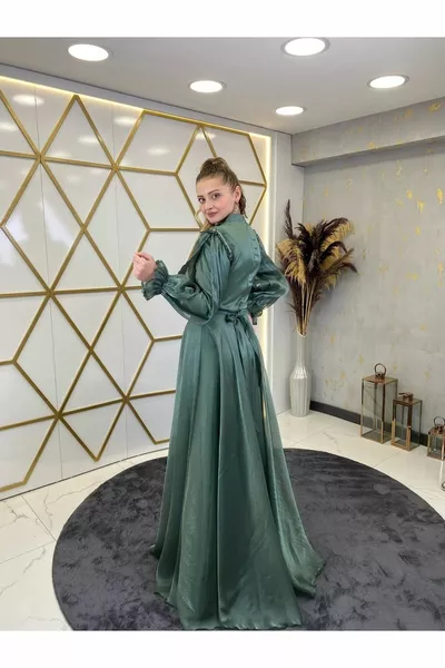 Sema Hijab Avondjurk Khaki Groen met Schouder Steen