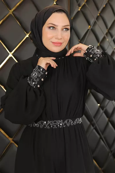 Stone Gedetailleerde Chiffon Jumpsuit Avondjurk Zwart 