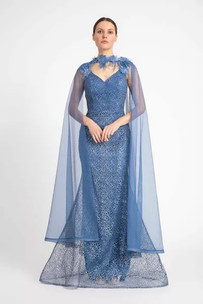 Abito da sera con scollo a V in tessuto a rete pesce mantello lungo abito da sera