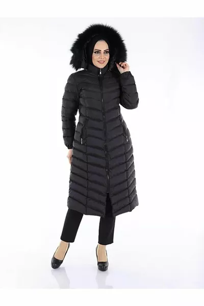 معطف نسائي أسود طويل منتفخ