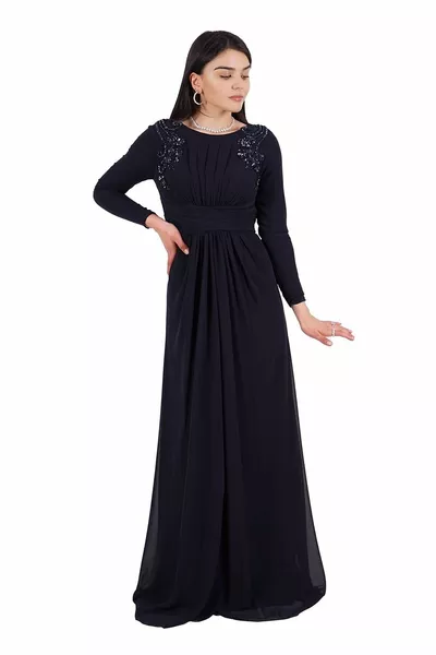 Marineblauwe steen geborduurde chiffon hijab avondjurk