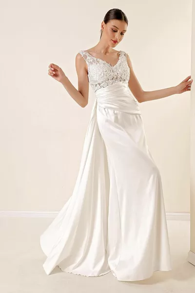 Beaded Guipure Transparent Draped Lined Long Satin Dress Ecru