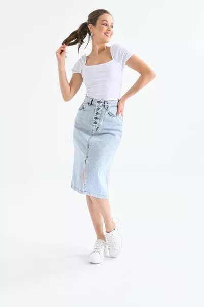Women's Buttoned Straight Slit Denim Skirt