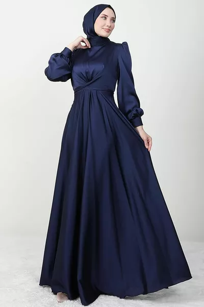 Diagonal Belted Evening Dress Navy Blue