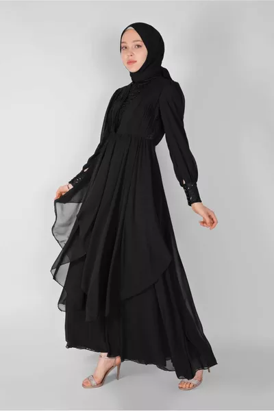 نسائي أسود مطرز مساء اللباس 