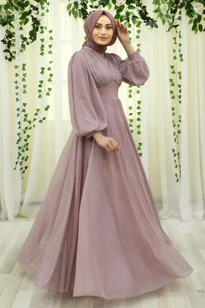 Damen Powder Sparkling Hijab Abendkleid