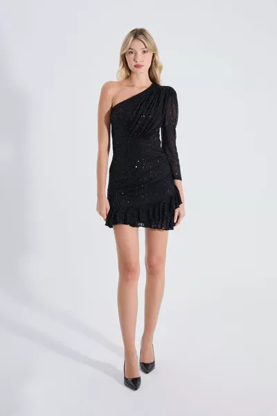Naomi | Mini robe de soirée à paillettes à une épaule - Noir