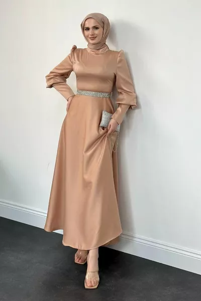 Afra Taille Steen Ballon Mouw Avondjurk Zalm