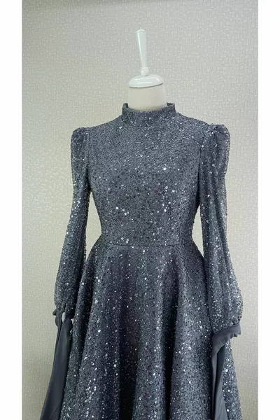  MIDI-LANGES DESIGN-ABENDKLEID MIT SCHLEIFE AUF DER VORDERSEITE PAILLETTEN - STEIN BESTICKTES ÄRMELENDE QYS ABENDKLEID #2