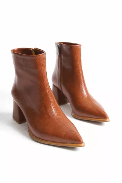 Kadın Sivri Burun Topuklu Bot Kalın Topuk Fermuarlı Günlük Bot Mate Taba