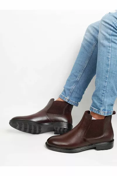 أحذية تشيلسي جلد طبيعي مطاطية بنية للرجال