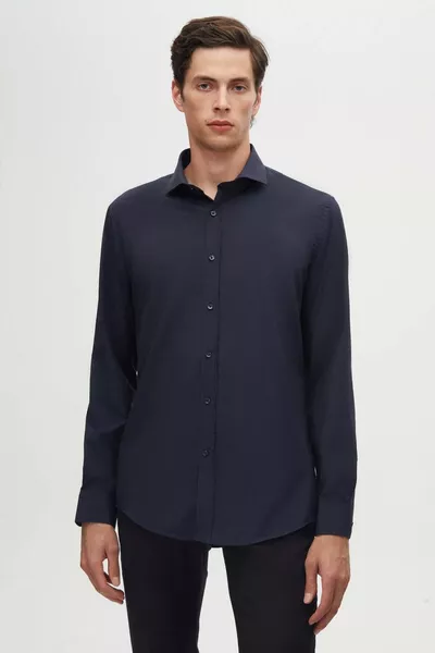 Slim Fit Темно-синий Итальянский воротник Тонкий крой Классический галстук Длинный рукав Легко гладится Что