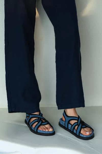 Landry Blue Jeans Cross Detail Ankle Tie Flat Sole Women Sandals