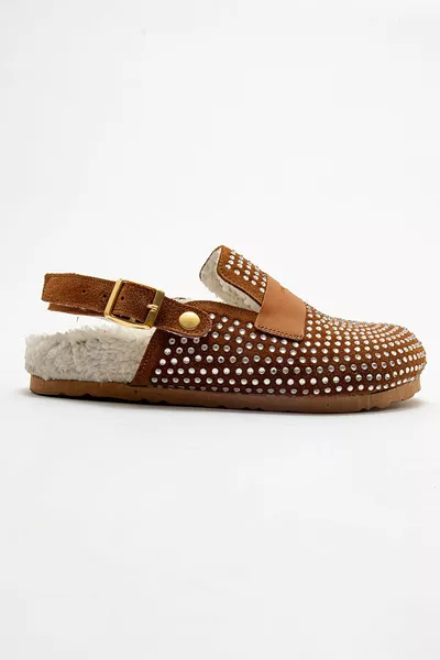 المرأة جلد طبيعي الحجر الفراء الشتاء النعال 