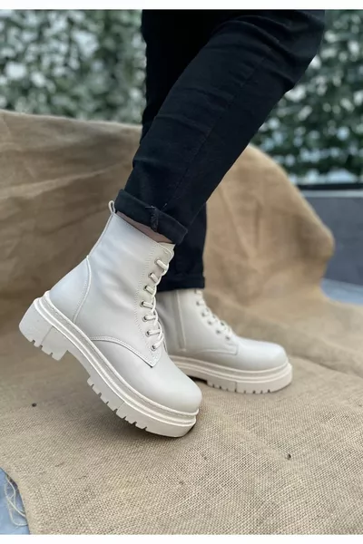 Aleyt Bottes à lacets en peau beige