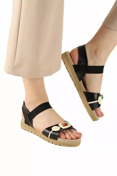 Elastische Perlenstickerei Detaillierte Casual Damen Sandalen SCHWARZ