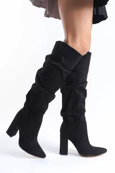 Дамски персонализиран дизайн на духало Дебели високи токчета Черни велурени ботуши