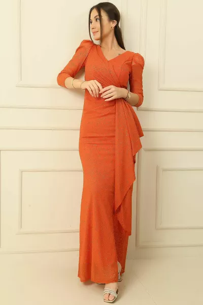 Платье с длинными рукавами и оборками спереди и сзади с V-образным вырезом и оборками