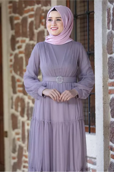 ЖЕНСКОЕ ФИОЛЕТОВОЕ (ЛИЛА) ВЕЧЕРНЕЕ ПЛАТЬЕ С ПОЯСОМ И ШНУРКОМ 