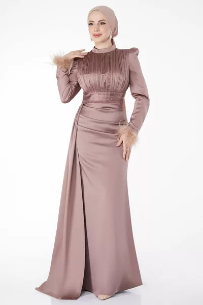 Gerader Richterkragen Damen Nerzärmel Gefiederter Kragen Plissee-Abendkleid - 