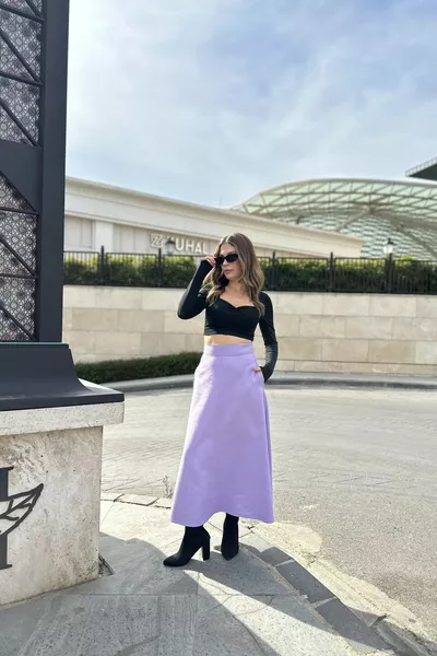 نسائي أرجواني خصر مرتفع ، جيوب ، طويل ، قماش ختم سروال قصير ، تنورة ماكسي كيلوش (قالب ضيق)