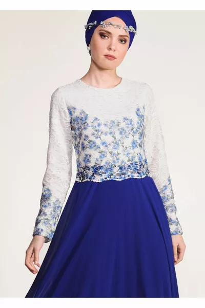 Женское темно-синее (SAKS) Гипюровое вечернее платье с вышивкой 