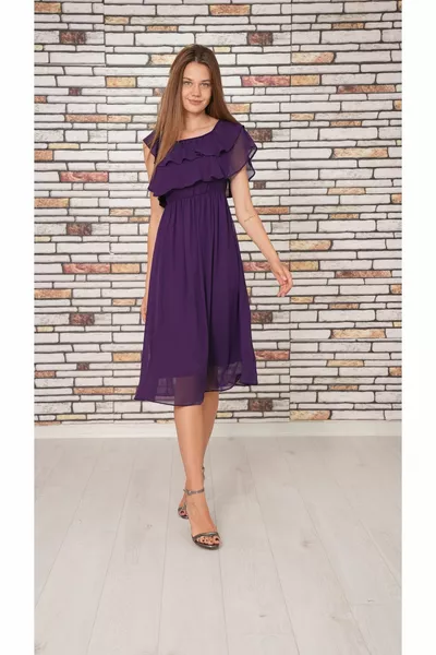 Madonna Scollo Increspato Midi Lunghezza Chiffon Abito