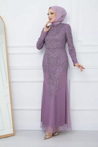 حبة وحجر مزينة تول الحجاب مساء اللباس LİLA 