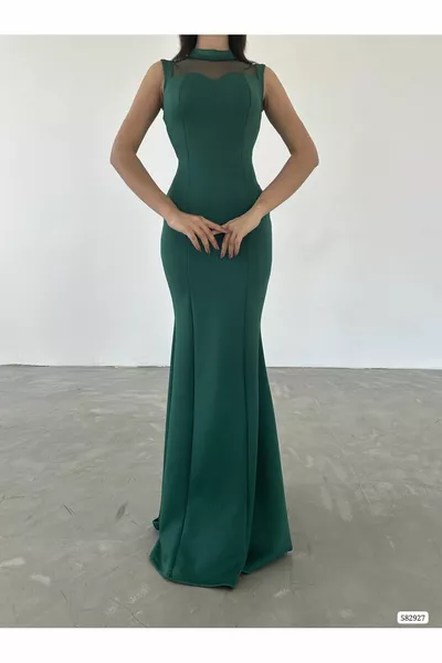 Дамска зелена гърдна мрежа от тюл с пайети детайлна раирана макси размер рибен модел дълга вечерна рокля