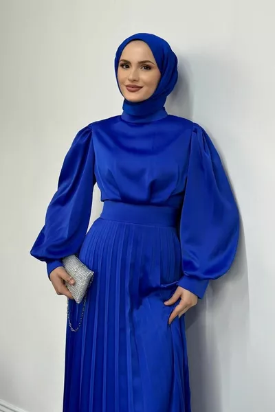 Nasta Waist Fitting Pleated Satin Evening Dress Sax Blue