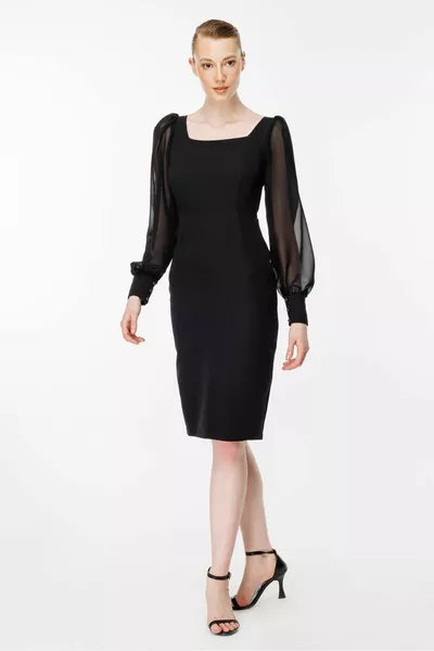 فستان سهرة قصير بالقلم الرصاص بأكمام تول - أسود