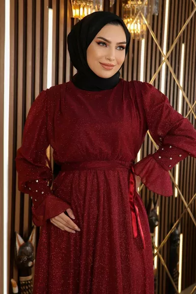 حجر مفصل بريق الشيفون مساء اللباس بورجوندي 