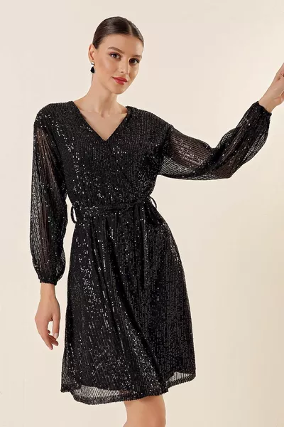 V Yaka Beli Kuşaklı Astarlı Pulpayet Kısa Elbise Siyah