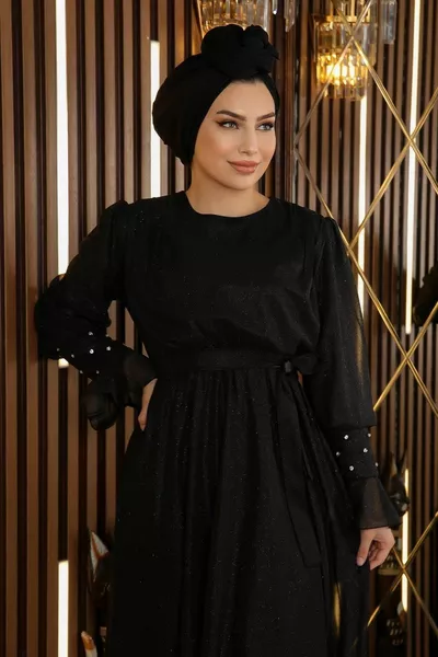 حجر مفصل بريق الشيفون مساء اللباس الأسود 