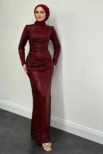 Charles Shirred Pailletten Fisch Abendkleid Burgund