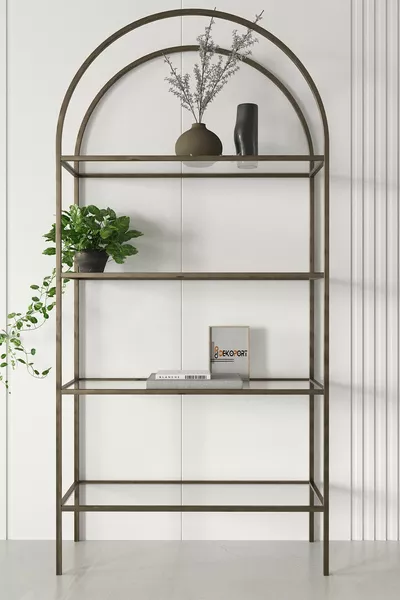 Bibliothèque en verre à 4 étagères, couleur laiton vieilli, pieds en verre trempé transparent