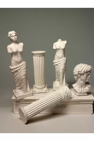 Набор античных скульптур - античный бюст и колонна, декоративный набор – 5 частей, белый бетон