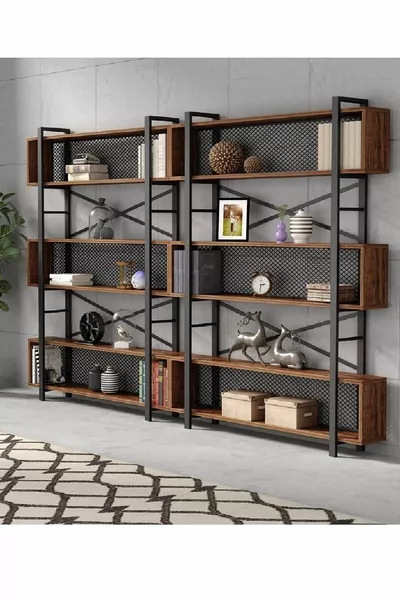 3-етажен индустриален дизайнерски двойна полица библиотека, файлова полица, аксесоарна полица