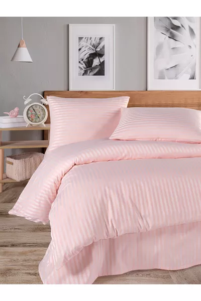 Katoenen satijnen gestreepte tweepersoons dekbedovertrekset met elastisch hoeslaken