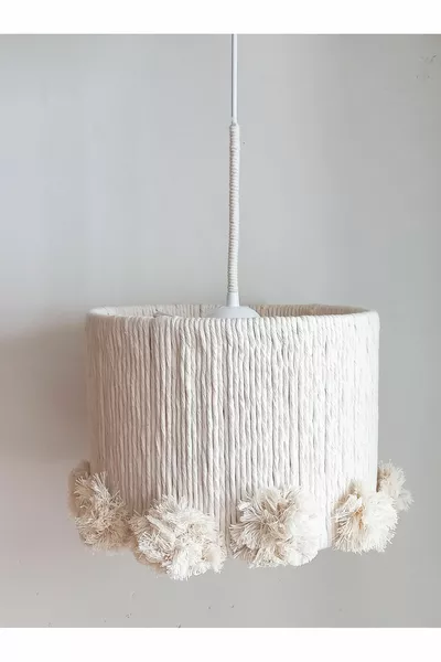 Cylinder Macrame Cream Yarn-Wrapped Pompom Pendant Chandelier for Boys and Girls' Nursery