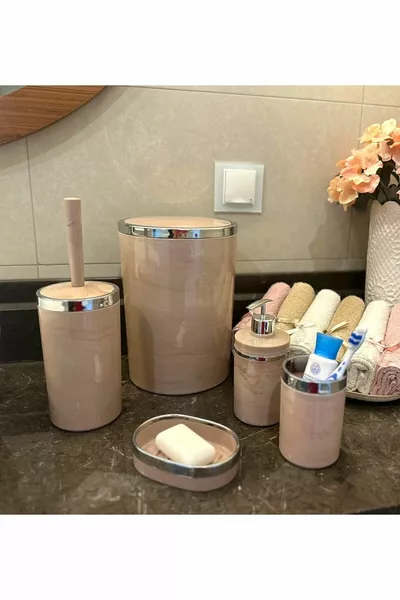5-delige badkamer set, rond, acryl - prullenbak, WC-borstelhouder, vloeibare zeepdispenser, tandenborstelhouder, handzeepdispenser